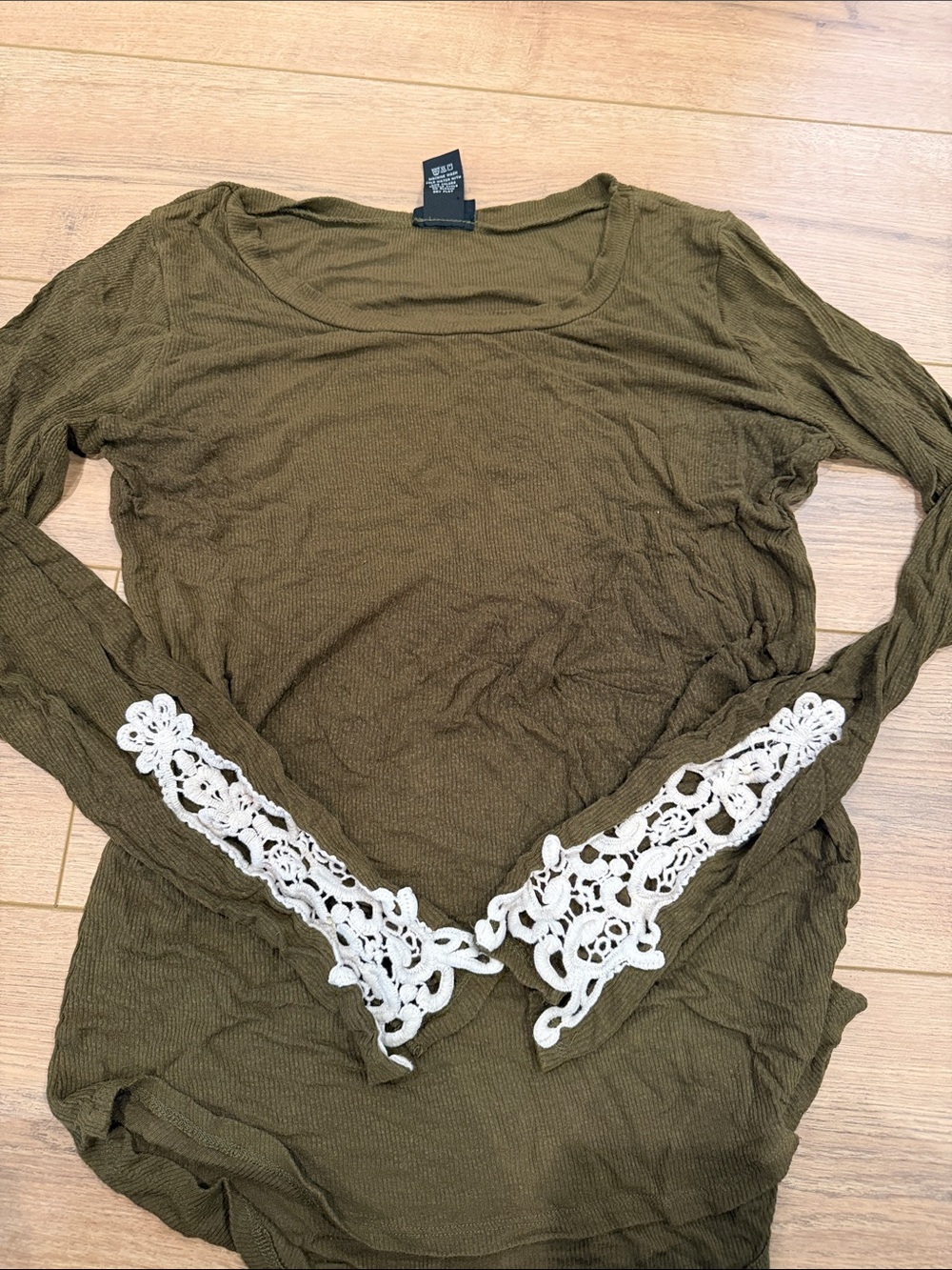 Rue21 Olive Long Sleeve Top with White Crochet Cuffs